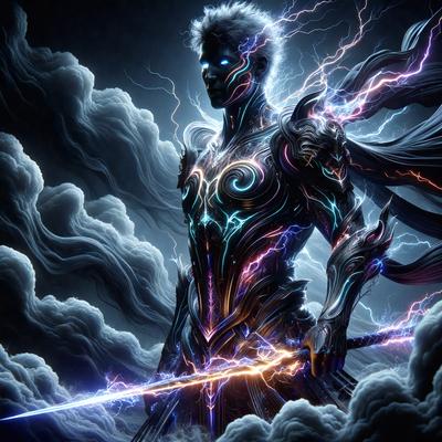The primary subject of the image is a man with a sword, standing in front of a cloudy sky. The man appears to be a warrior or a character from a fantasy world. The setting is a dark and moody atmosphere, with the man being the main focus of the scene. The visual style of the image is digital art, as it is a detailed and intricate illustration. The colors in the image are predominantly dark and muted, creating a dramatic and intense mood.